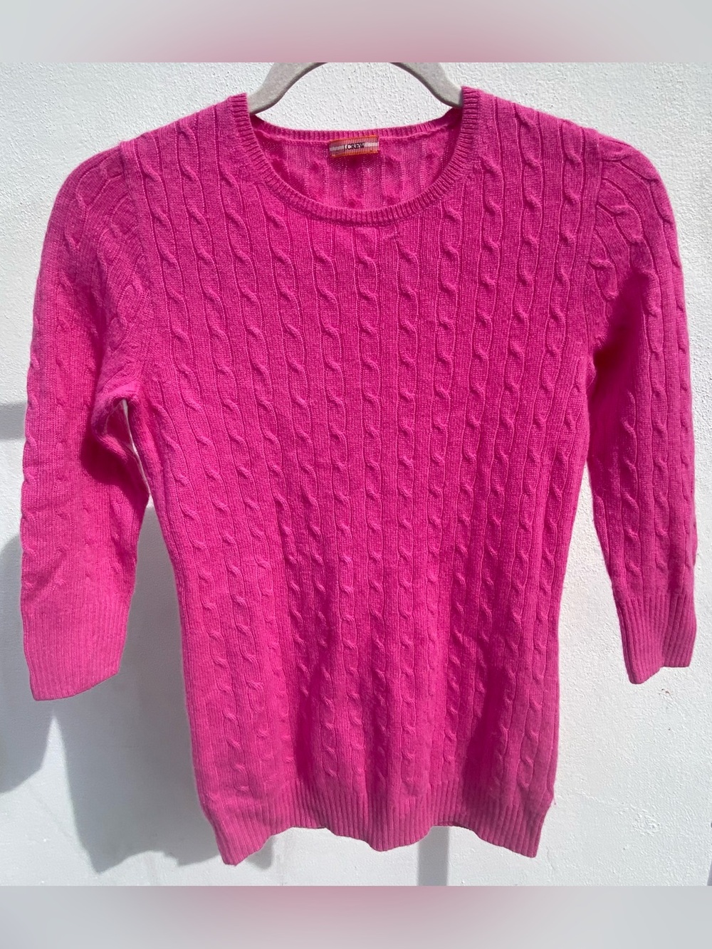 J. Crew 100% Cashemere Pink Cable Knit 3/4 Sleeve Sweater Size XS